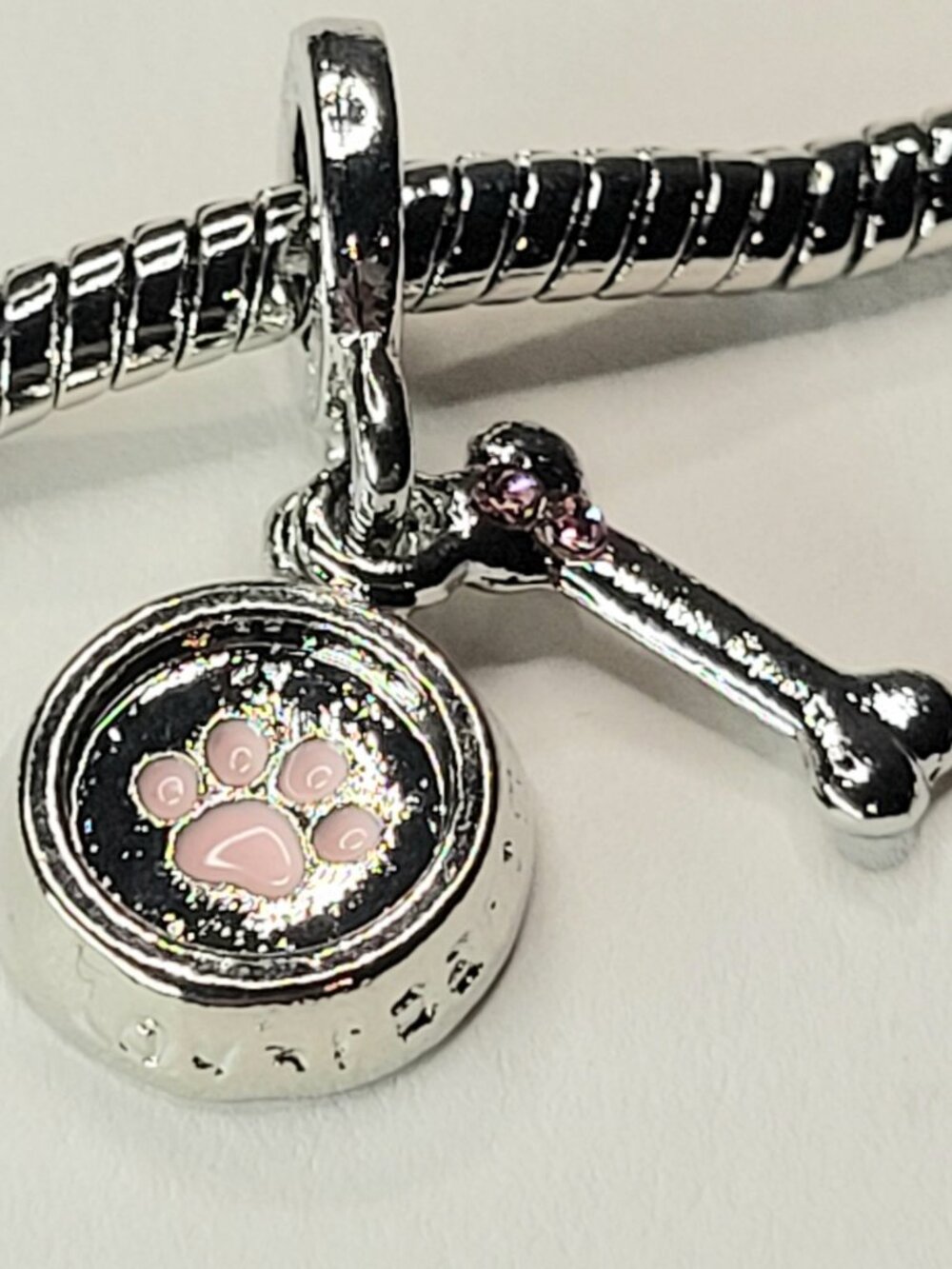 NWT For Pandora Charm Bracelets Pink And Silver Color Dog Bowl And Bone Charm